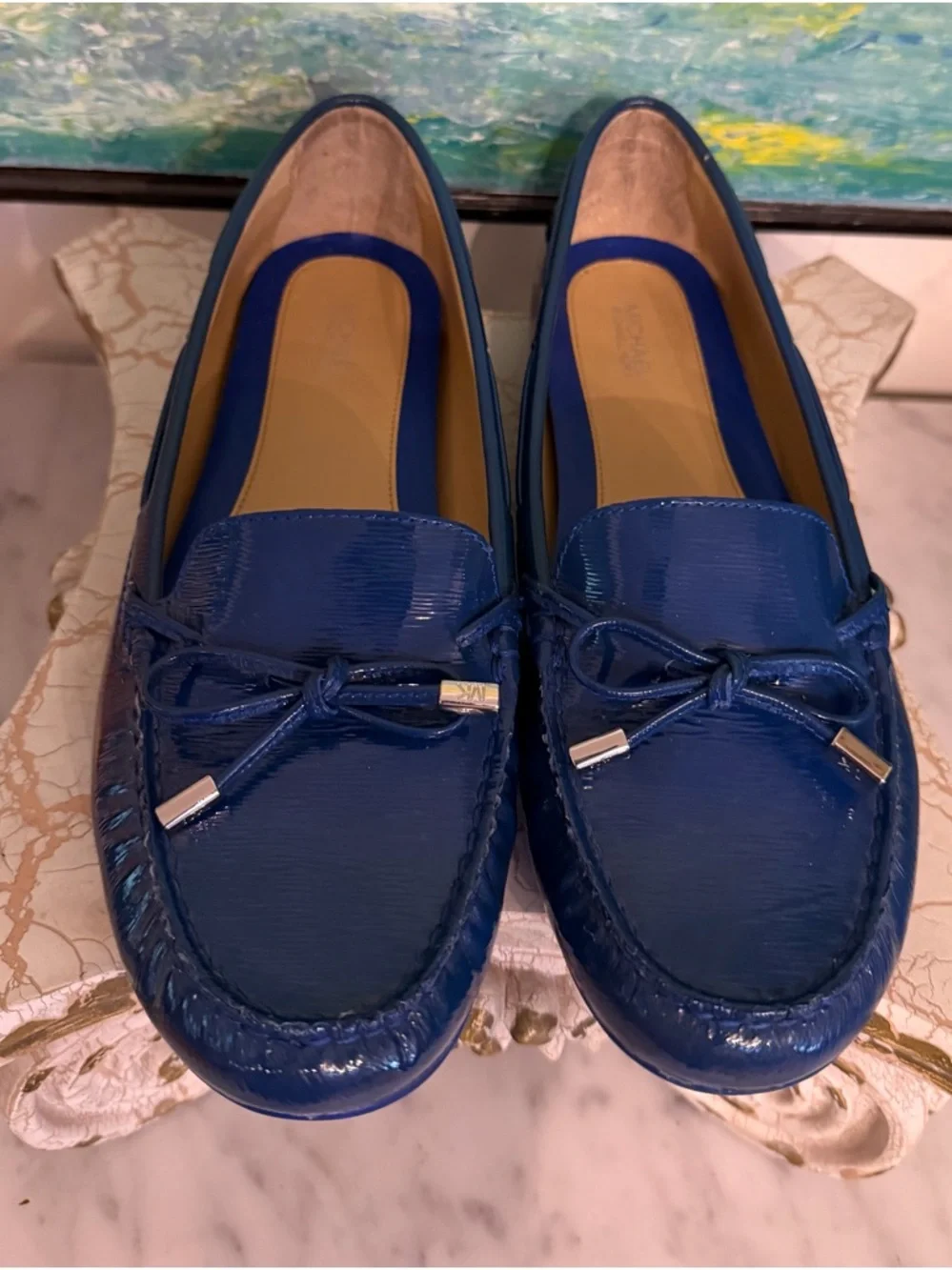 Michael Kors Royal Blue Patent Leather Bow Loafers - Picture 1 of 7